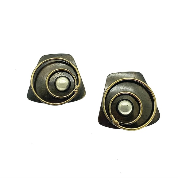 Modernist Geometric Trapezoid Earrings - Mixed Metals Textured Vintage Jewelry - Picture 1 of 12